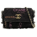 Chanel CC Logo Mini Quilted Denim Leather Chain Fringe Shoulder Bag Black