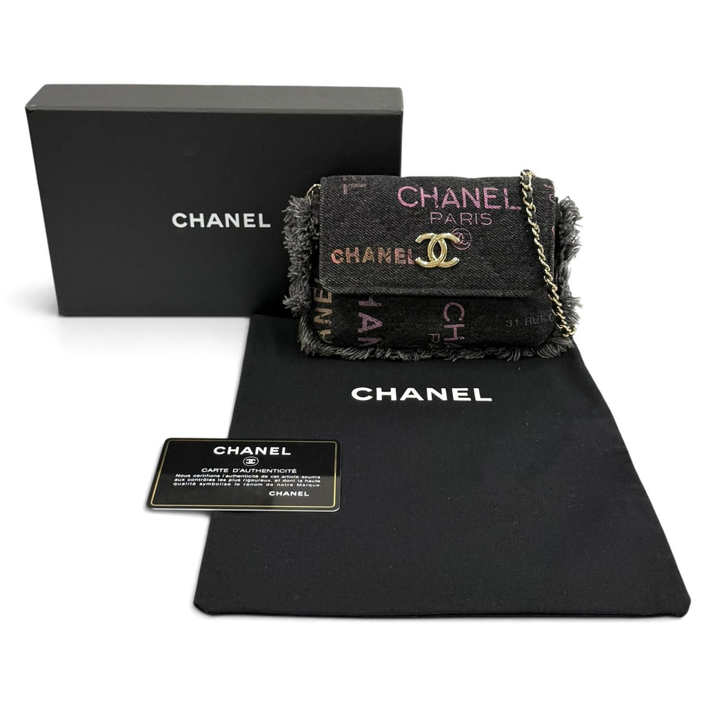 Chanel CC Logo Mini Quilted Denim Leather Chain Fringe Shoulder Bag Black — view 2