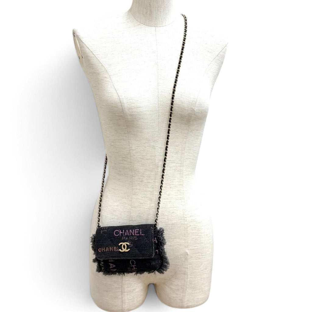 Chanel CC Logo Mini Quilted Denim Leather Chain Fringe Shoulder Bag Black — view 3