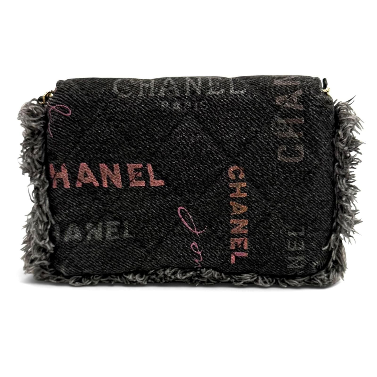 Chanel CC Logo Mini Quilted Denim Leather Chain Fringe Shoulder Bag Black — view 4