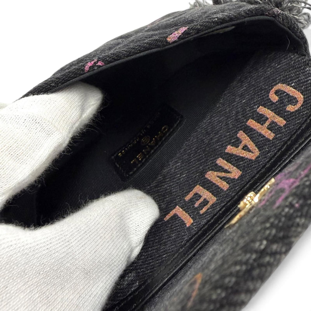 Chanel CC Logo Mini Quilted Denim Leather Chain Fringe Shoulder Bag Black — view 7
