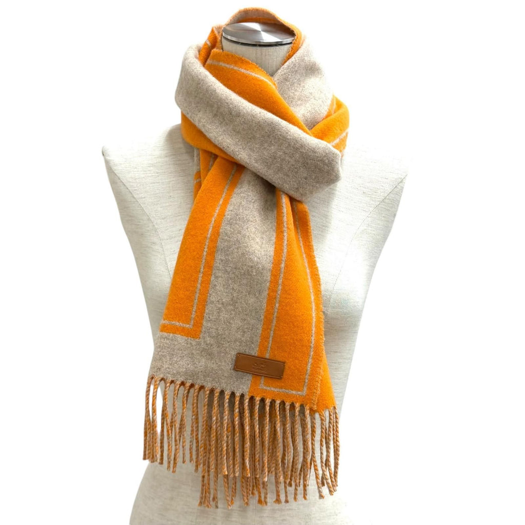 Hermes Scarf Cles de Cashmere Beige Orange Leather Logo Patch Fringe — view 3