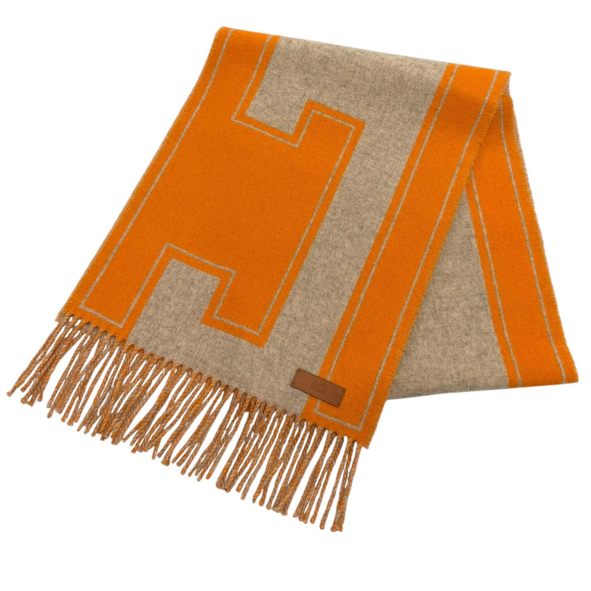 Hermes Scarf Cles de Cashmere Beige Orange Leather Logo Patch Fringe