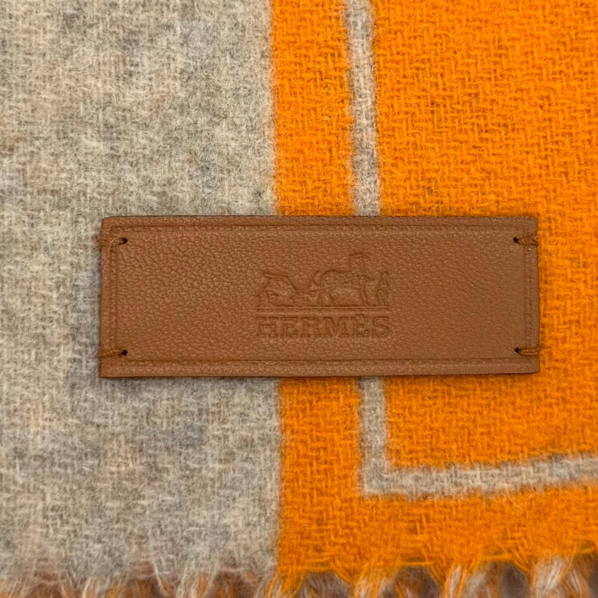 Hermes Scarf Cles de Cashmere Beige Orange Leather Logo Patch Fringe — view 7