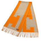 Hermes Scarf Cles de Cashmere Beige Orange Leather Logo Patch Fringe — view 4