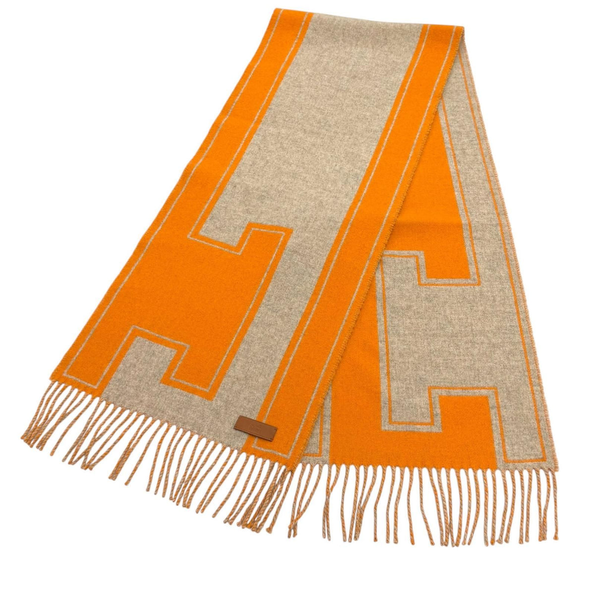 Hermes Scarf Cles de Cashmere Beige Orange Leather Logo Patch Fringe — view 4