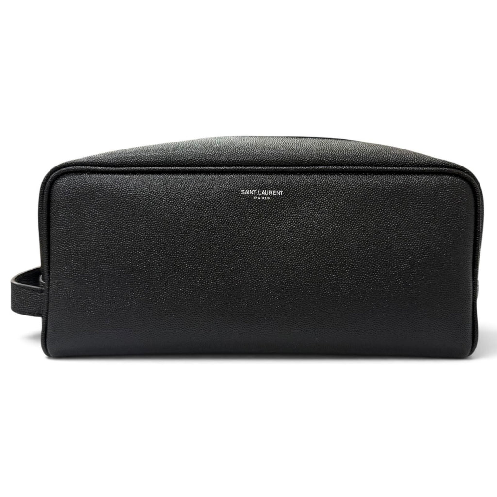 Saint Laurent Paris Grain Calfskin Logo Travel Pouch Clutch Black