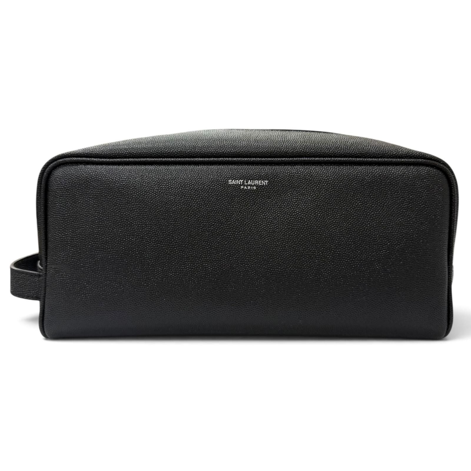 Saint Laurent Paris Grain Calfskin Logo Travel Pouch Clutch Black