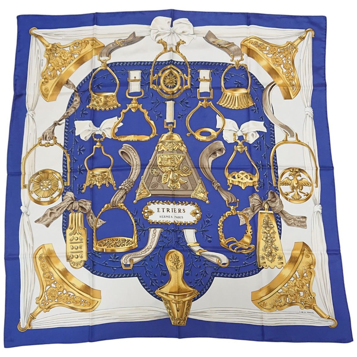 Hermes Carre 90 Etriers Silk Scarf Blue
