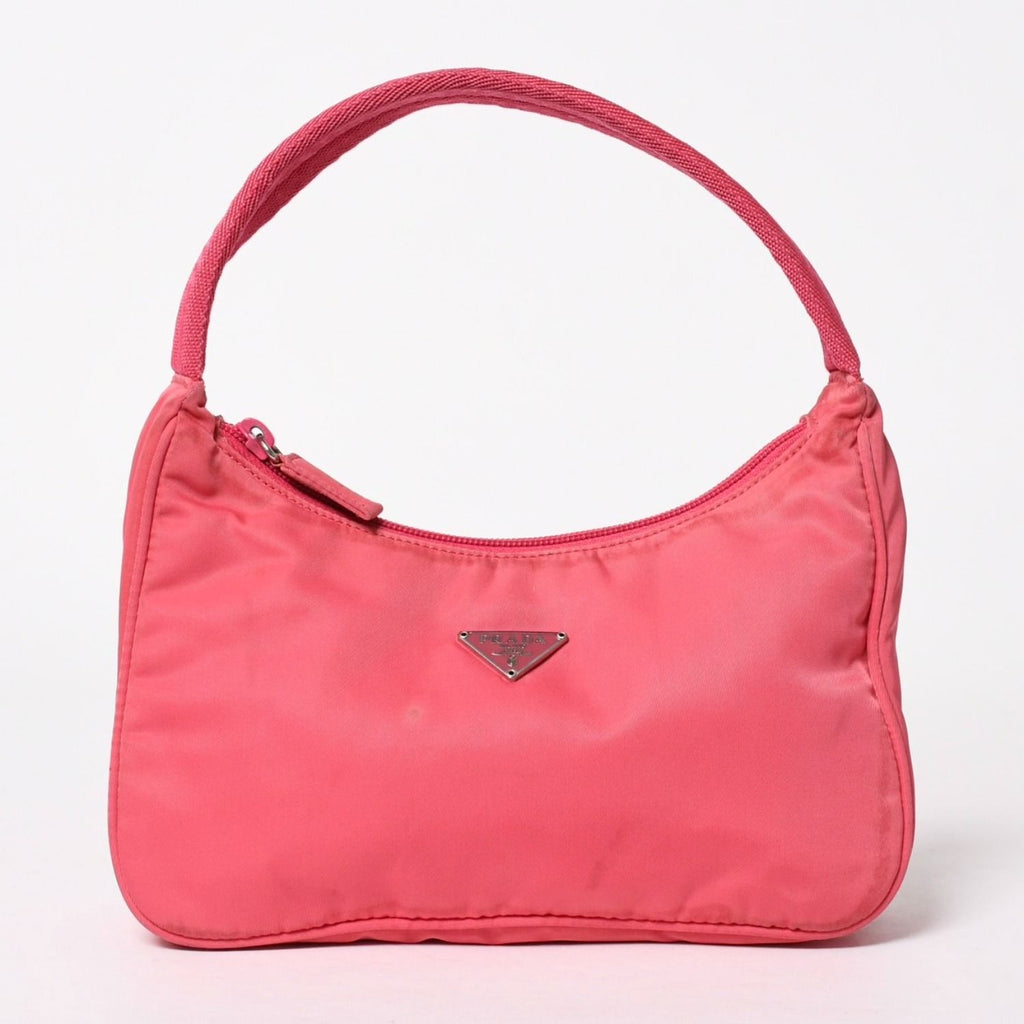 Prada Tessuto Nylon Mini Andbag Hobo Pouch Triangle Logo Pink Silver
