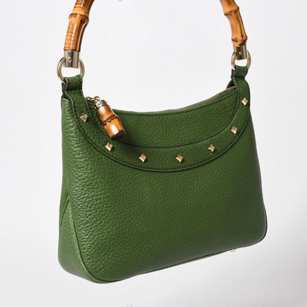 Gucci Bamboo Anita Hobo Handbag Leather Studs Green Gold — view 3
