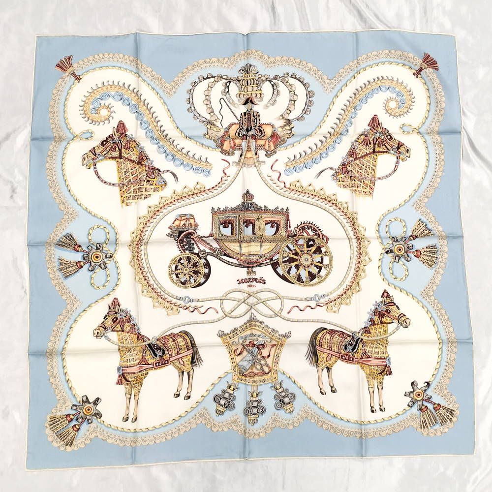 Hermes Carre 90 Scarf Paprol Carriage and Nobility 100% Silk Light Blue