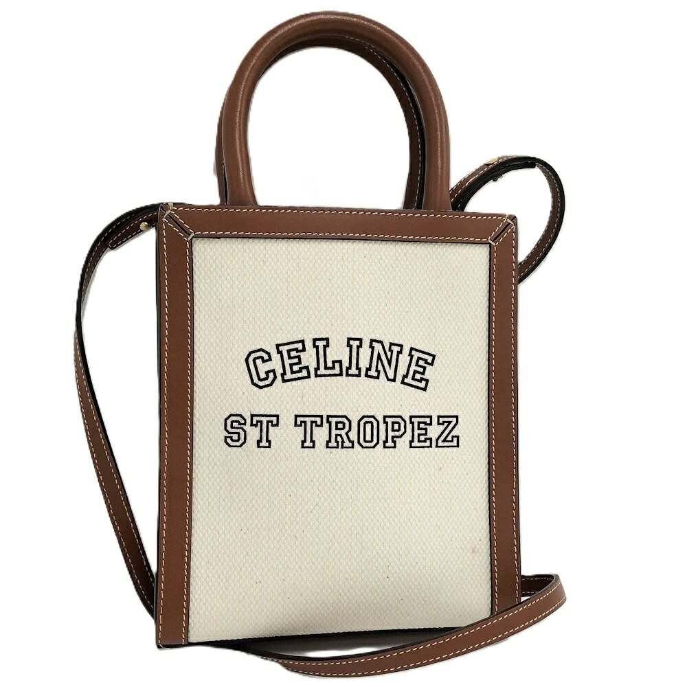 Celine Mini Vertical Cover 2-Way Shoulder Bag Canvas Leather Ivory