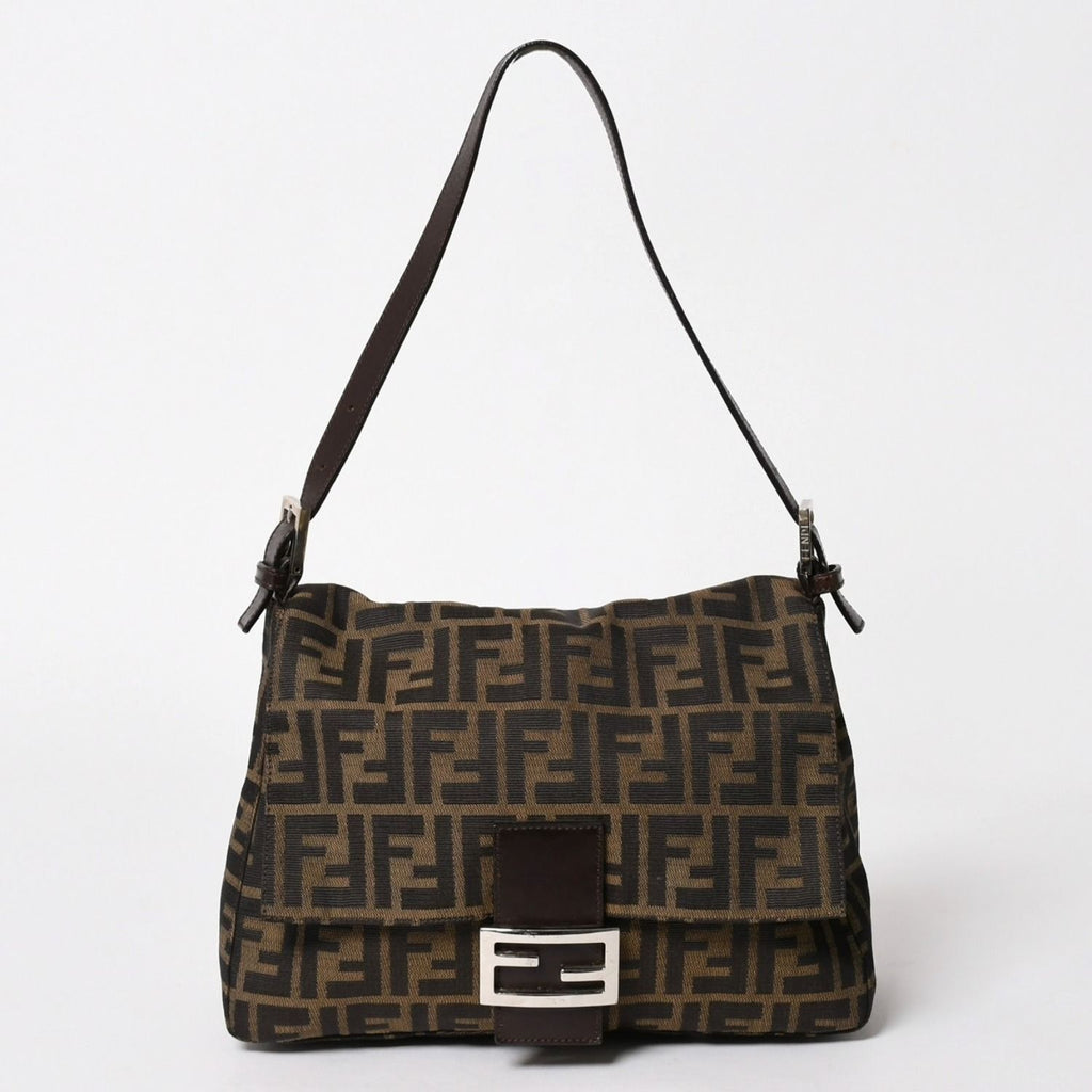 Fendi Zucca Pattern Mamma Baguette Shoulder Bag Canvas Leather Brown FF Buckle