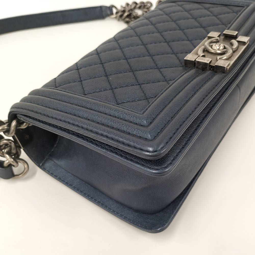 Chanel Boy Chain Shoulder Bag Leather Navy — view 3