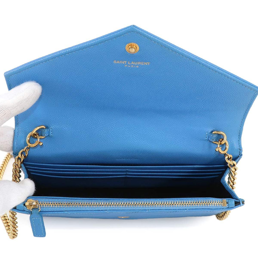Saint Laurent Cassandra Envelope Chain Wallet Leather Blue Gold Shoulder Bag — view 6