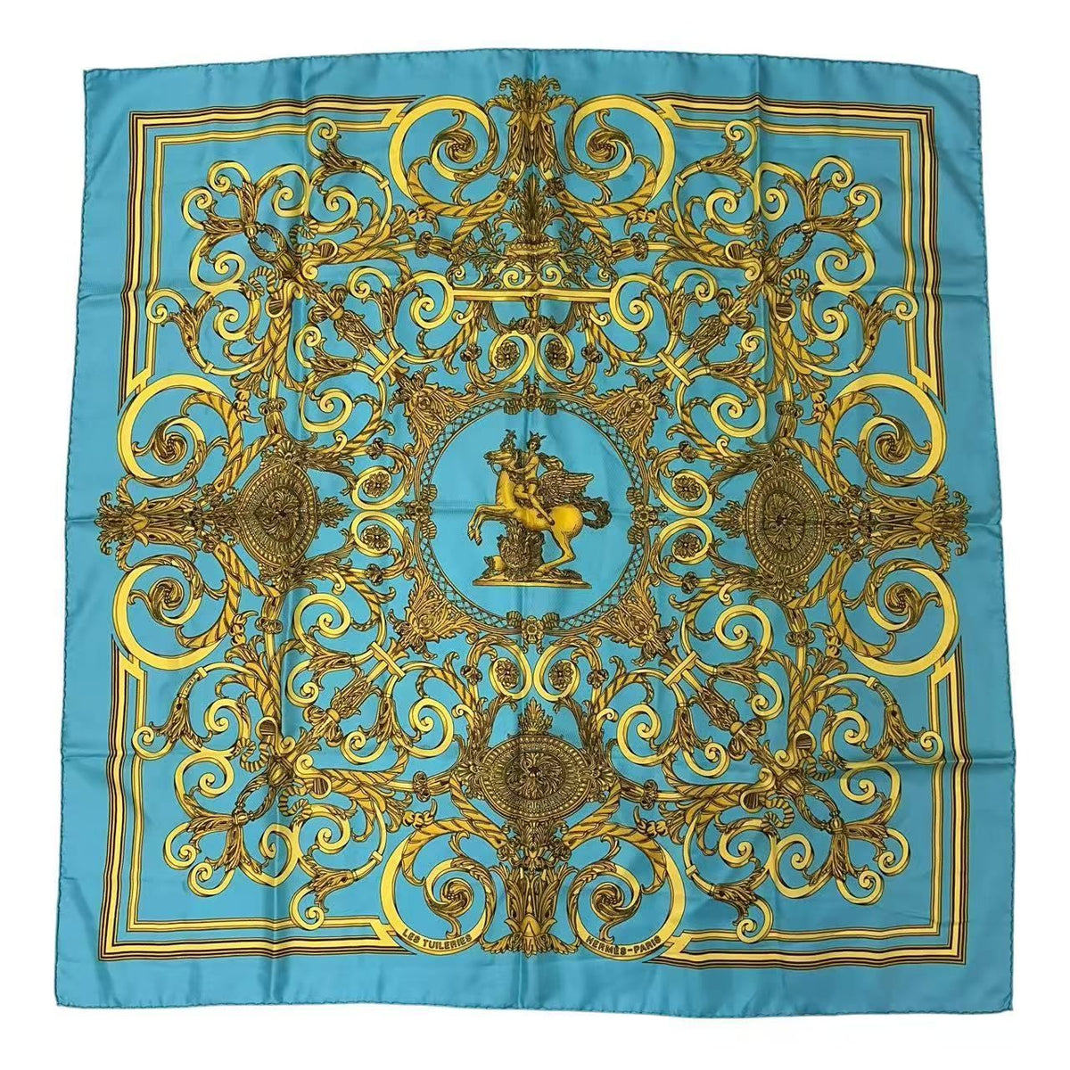 Hermes Scarf Carre 90 Silk les Tuileries Tui Roulis Park Blue
