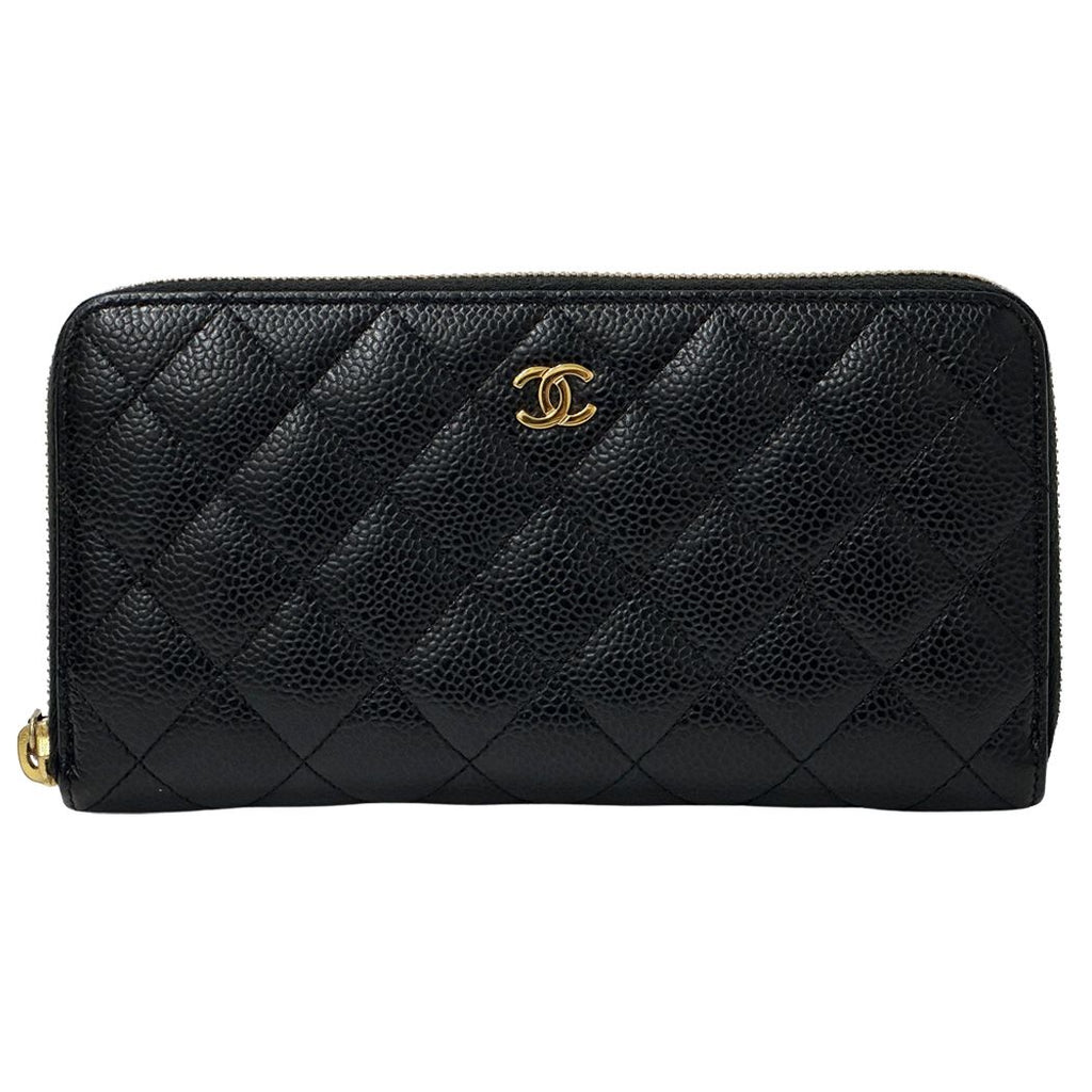 Chanel Wallet Quilted Caviar Leather Black Gold Zip Around