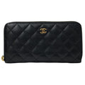 Chanel Wallet Quilted Caviar Leather Black Gold Zip Around