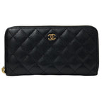 Chanel Wallet Quilted Caviar Leather Black Gold Zip Around