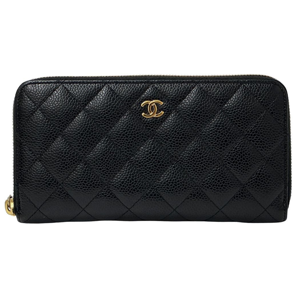 Chanel Wallet Quilted Caviar Leather Black Gold Zip Around