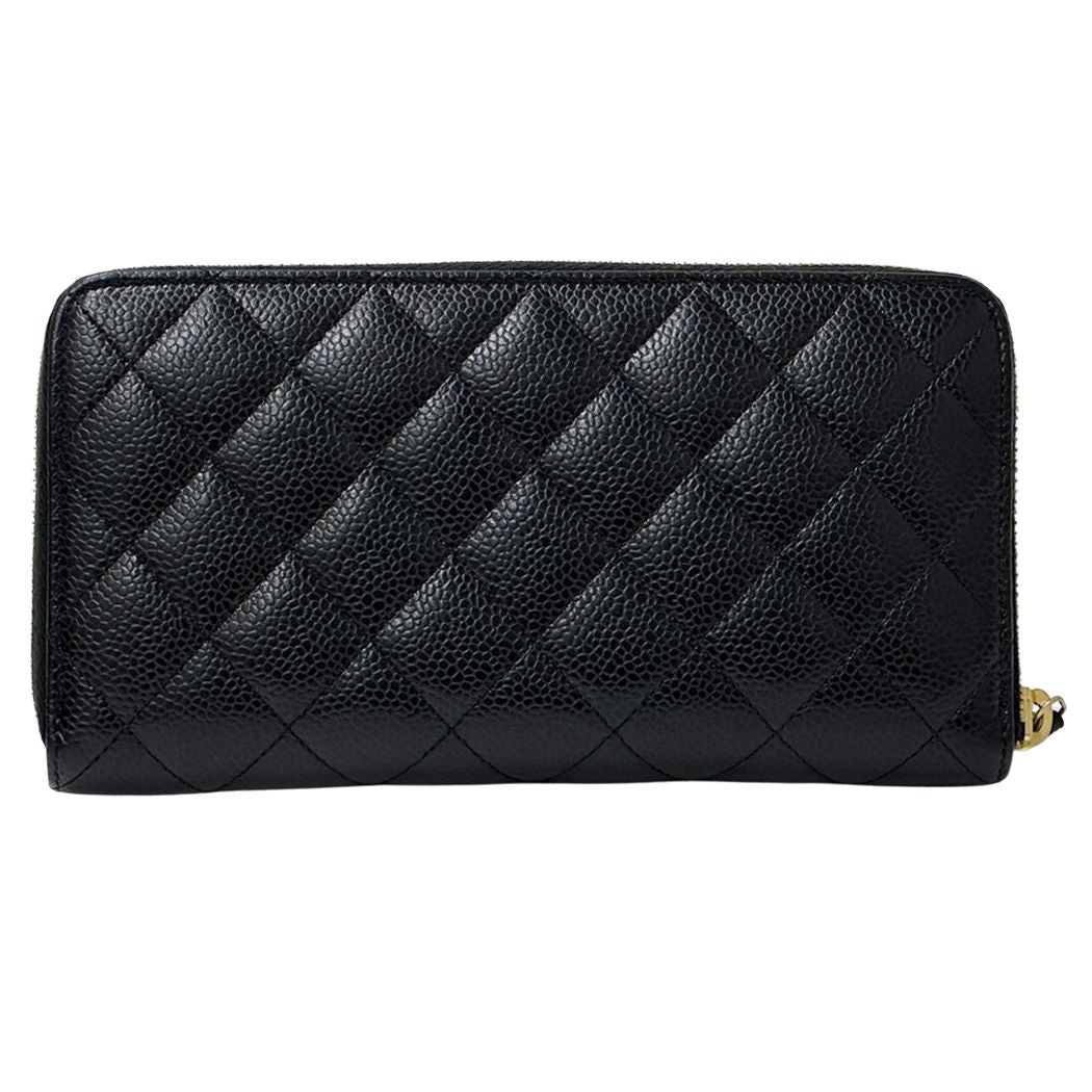 Chanel Wallet Quilted Caviar Leather Black Gold Zip Around — view 2