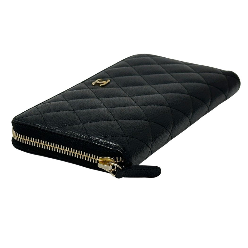 Chanel Wallet Quilted Caviar Leather Black Gold Zip Around — view 3