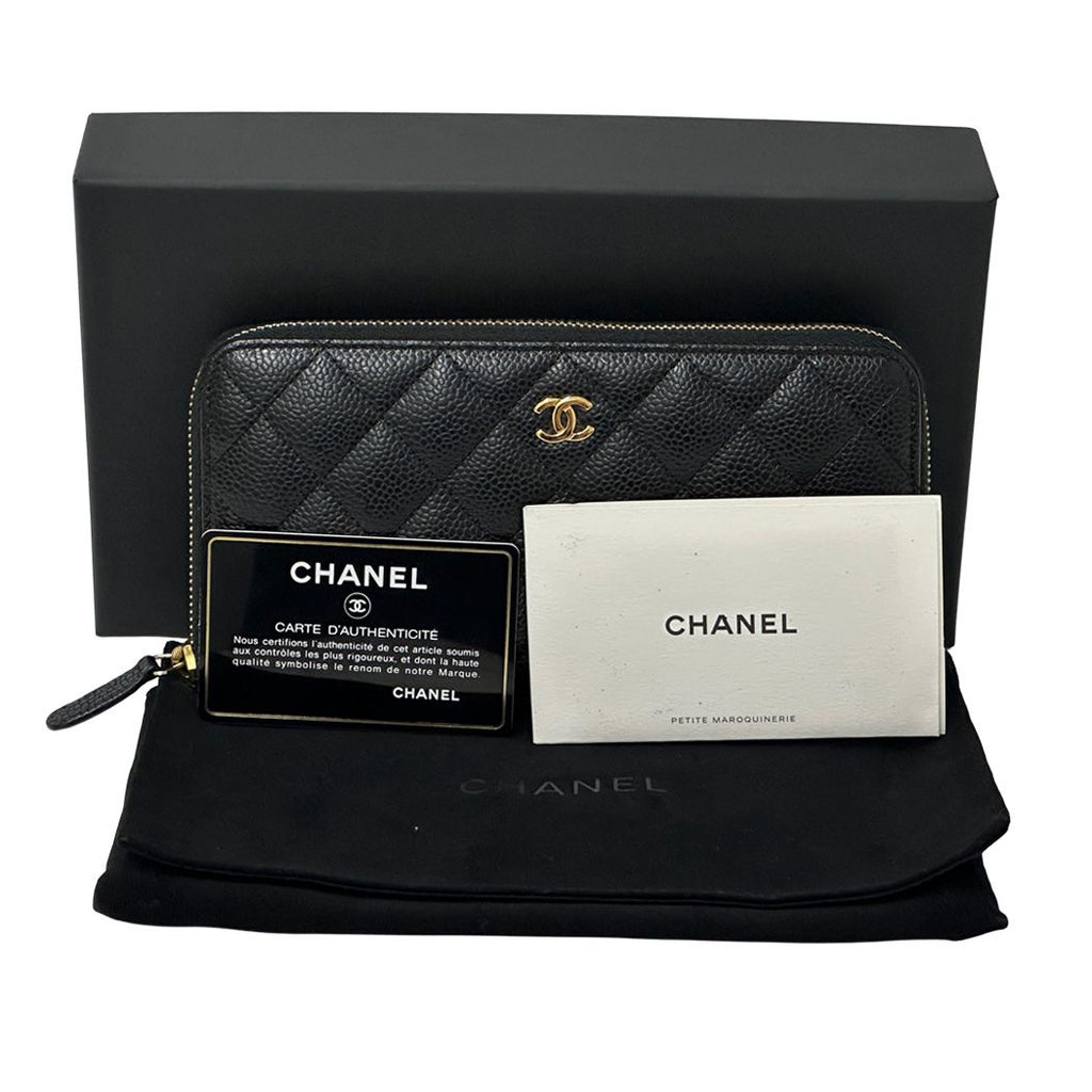 Chanel Wallet Quilted Caviar Leather Black Gold Zip Around — view 8