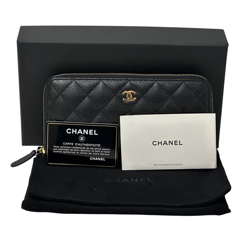 Chanel Wallet Quilted Caviar Leather Black Gold Zip Around — view 8