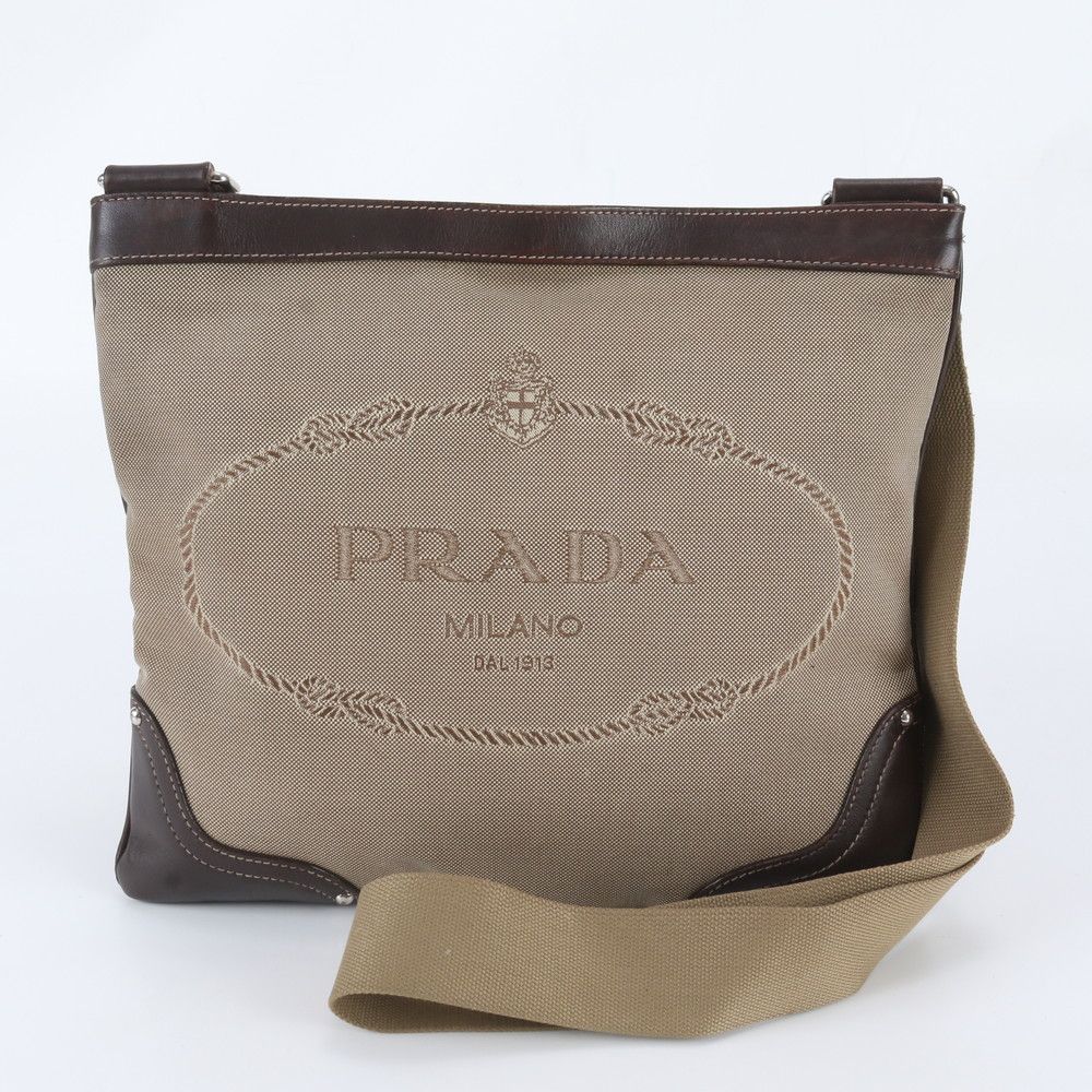 Prada Jacquard Logo Leather Shoulder Bag Crossbody Messenger Business Brown