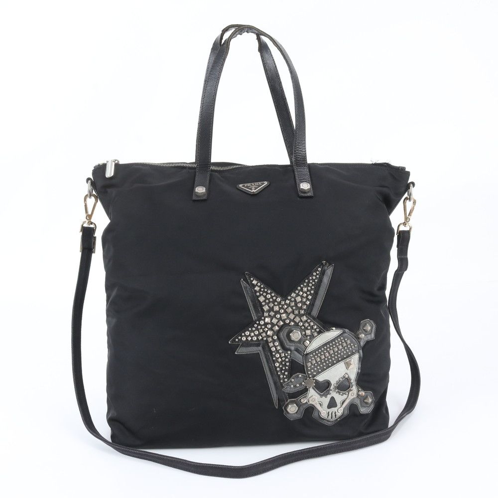 Prada Tessuto Nylon Triangle Logo Skull Leather 2-Way Shoulder Bag Crossbody