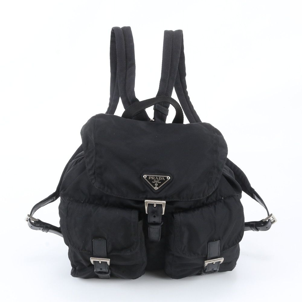 Prada Tessuto Nylon Triangle Logo Leather Backpack Black