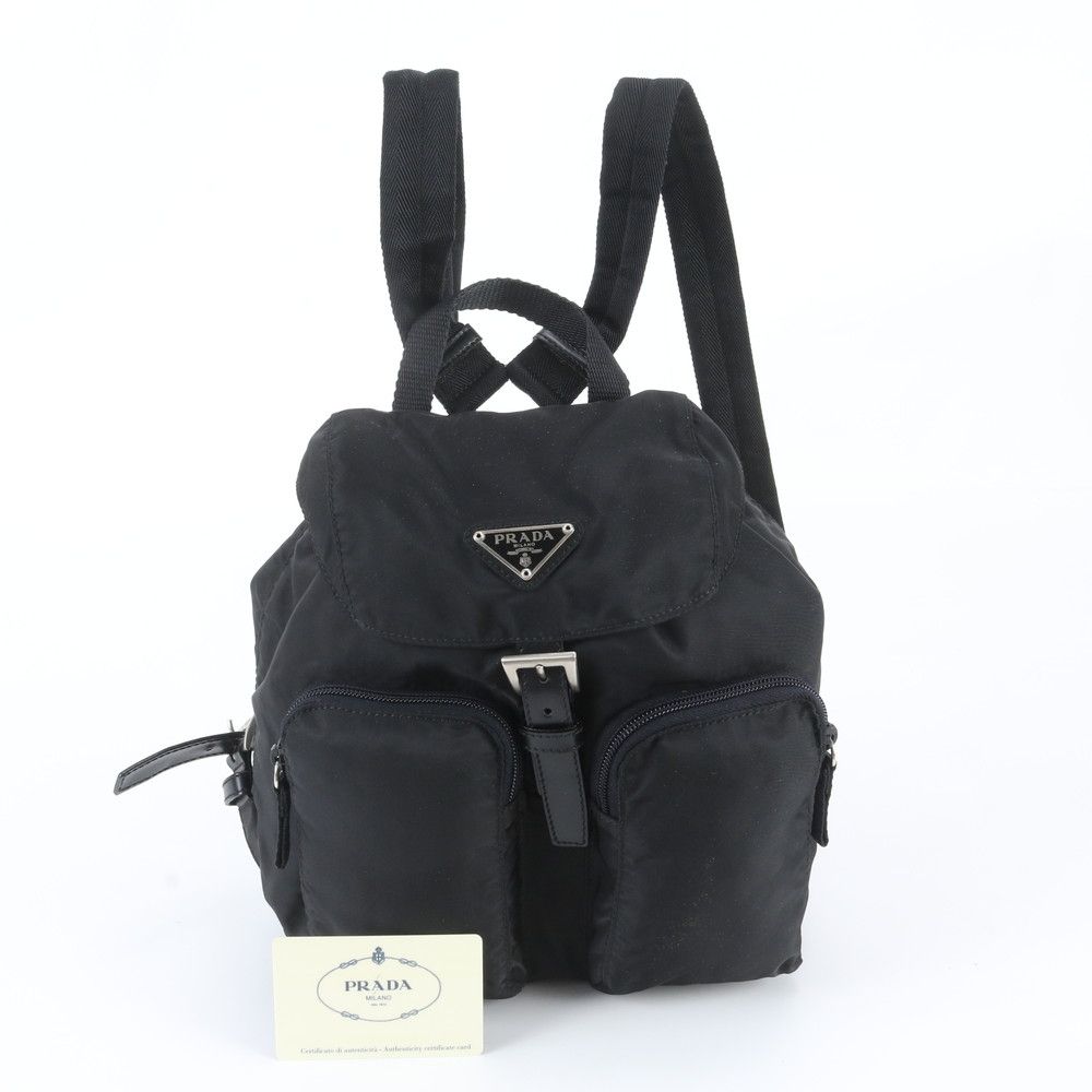 Prada Tessuto Nylon Triangle Logo Leather Backpack Black