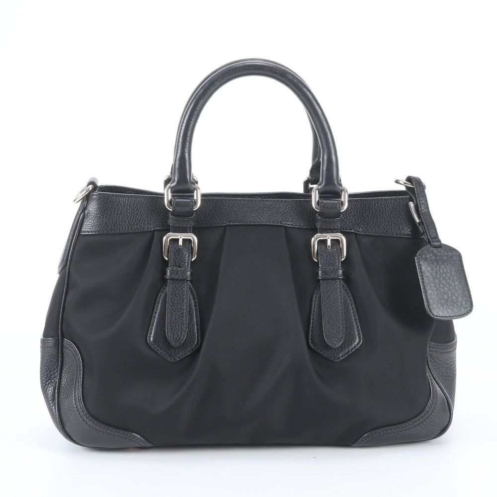 Prada Tessuto Nylon Triangle Logo Leather Handbag Tote Black — view 3