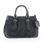 Prada Tessuto Nylon Triangle Logo Leather Handbag Tote Black — view 3