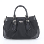 Prada Tessuto Nylon Triangle Logo Leather Handbag Tote Black