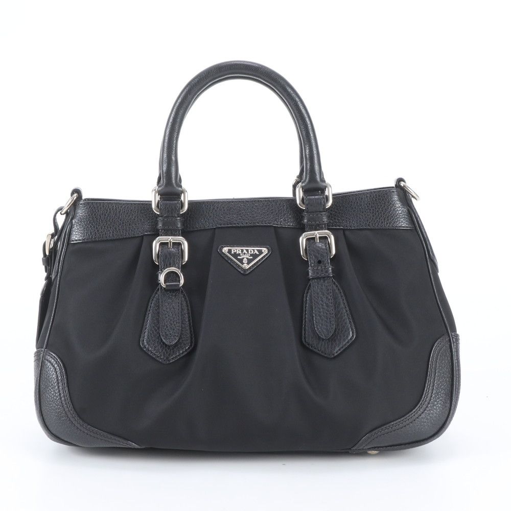 Prada Tessuto Nylon Triangle Logo Leather Handbag Tote Black