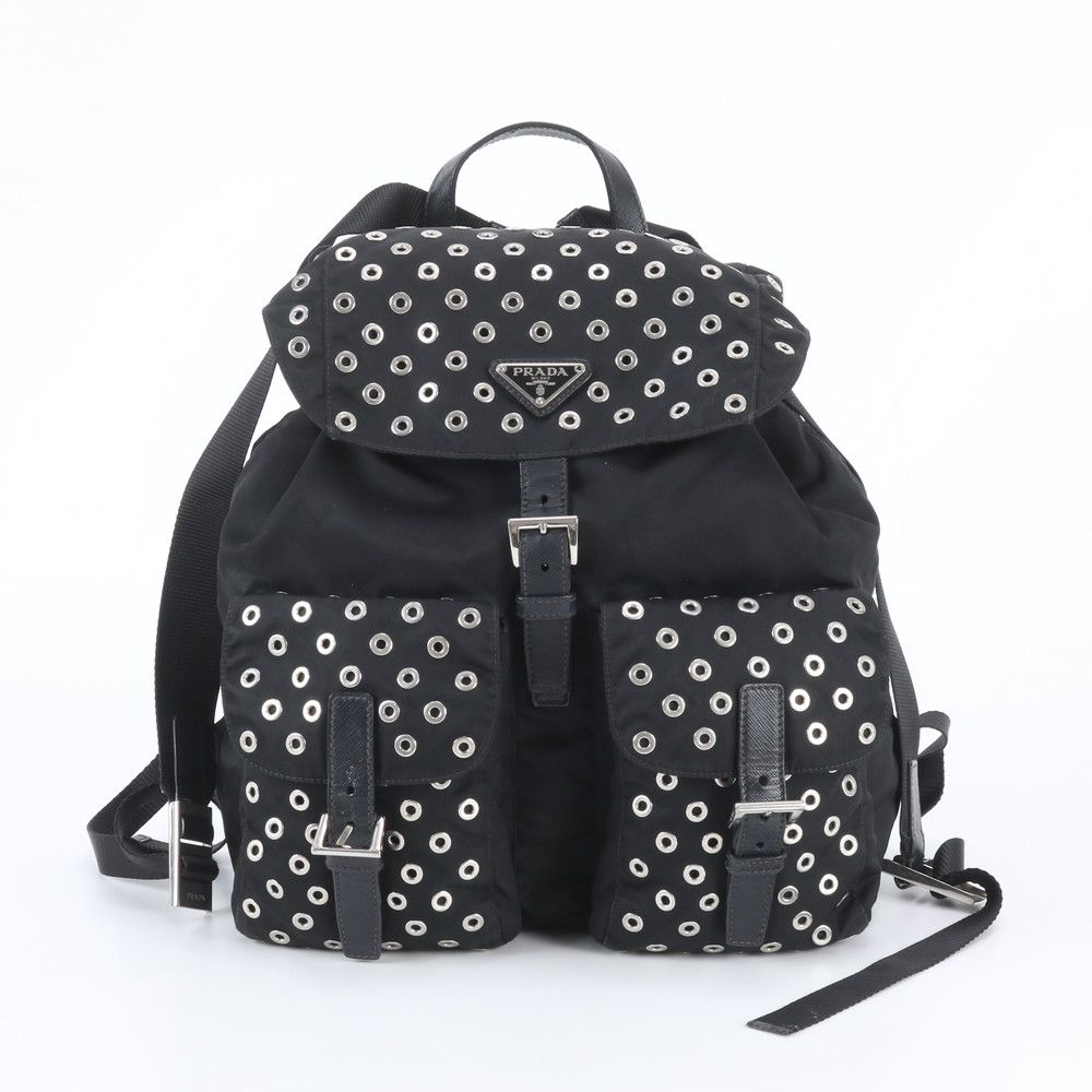 Prada Tessuto Nylon Perforated Leather Backpack Black