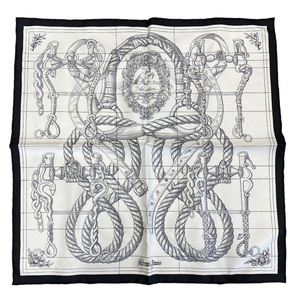 Hermes Della Alleria Kavaleria Scarf Carre 45 Gavroche 25 Silk Black White