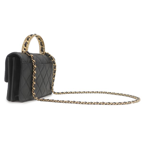 Chanel 2-Way Bag Quilted Top Handle Leather Black Gold CC Logo — view 2
