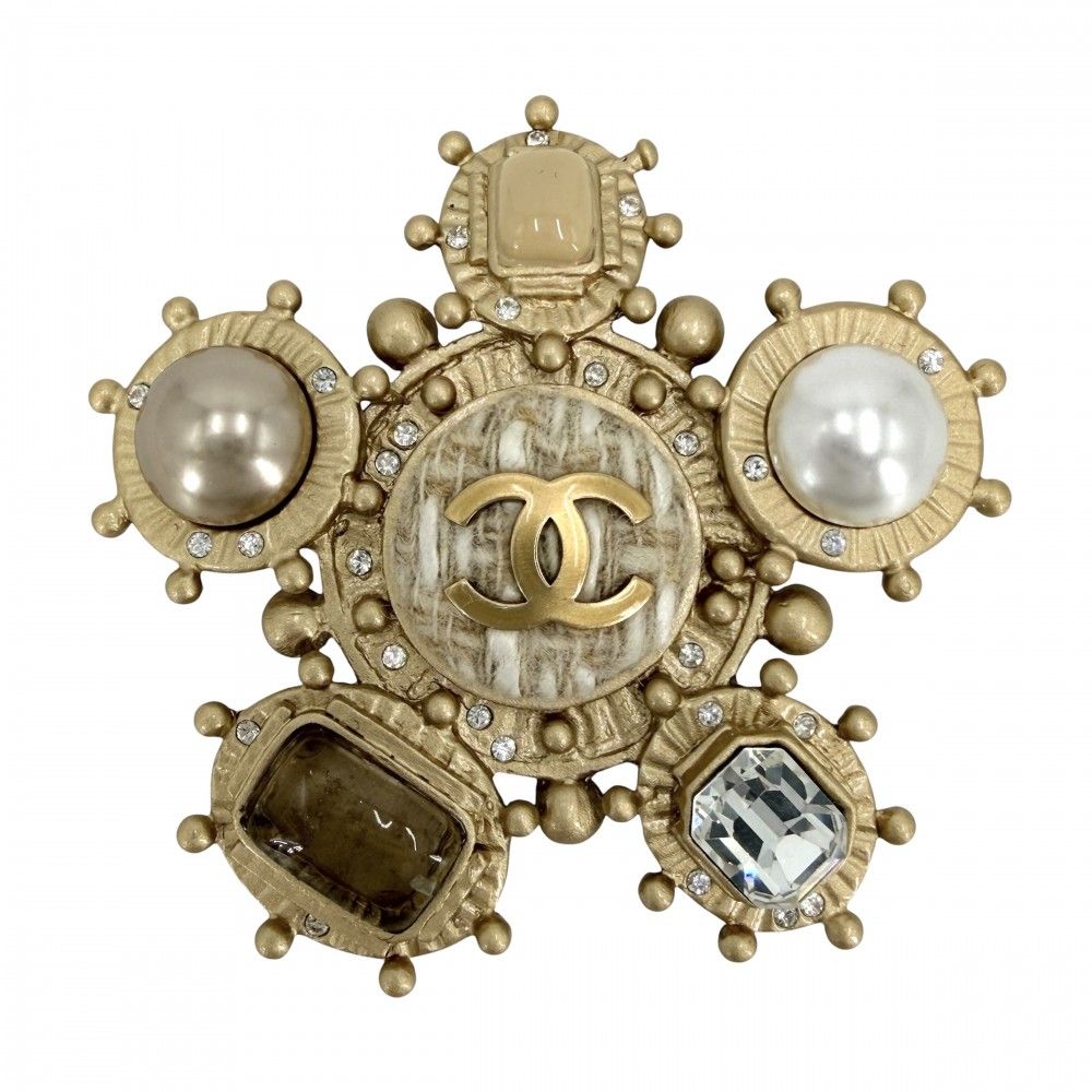 Chanel Big Brooch CC Logo Tweed Bijou Faux Pearl Rhinestone