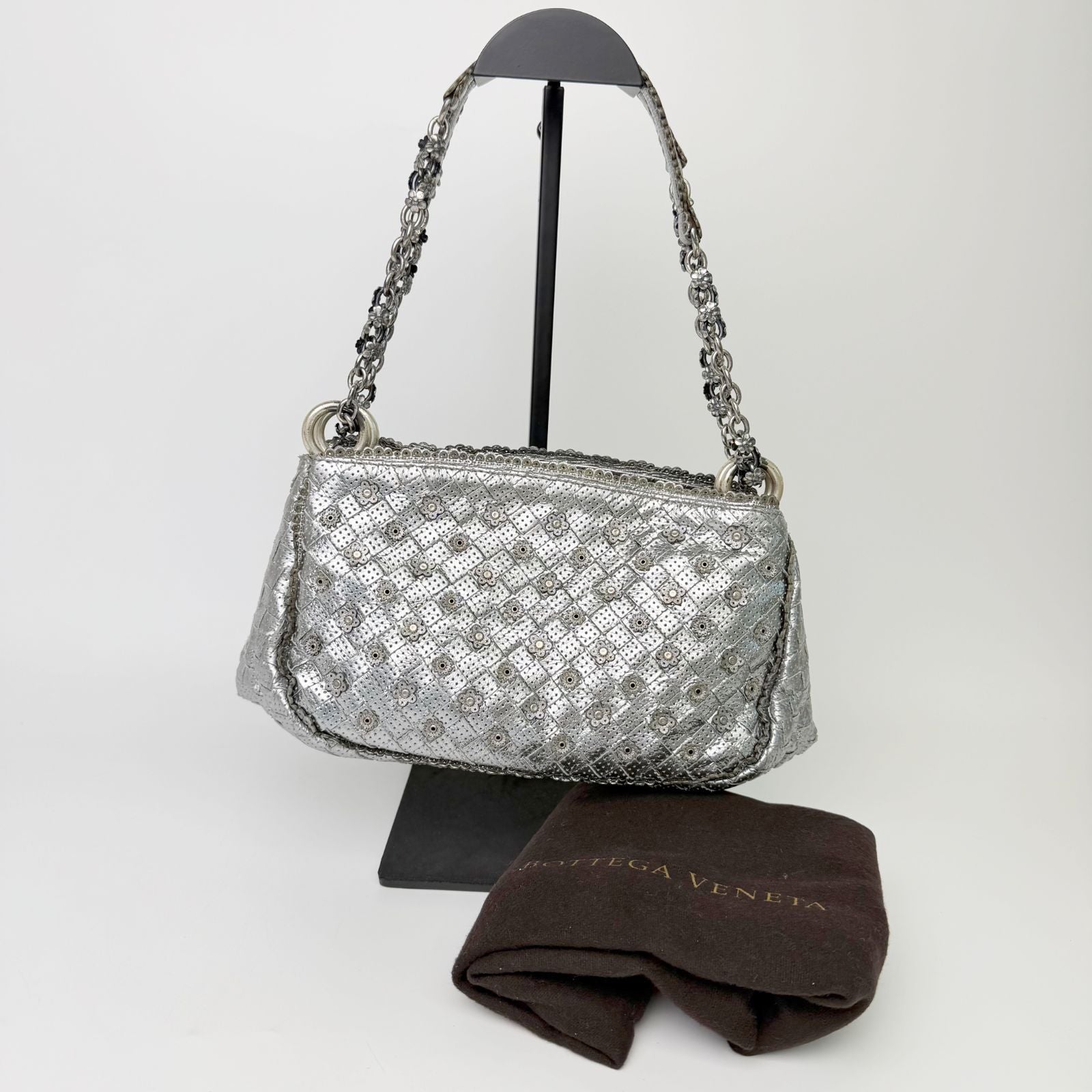 Bottega Veneta Intrecciato Sequin Chain Shoulder Bag Leather Silver Vintage — view 3