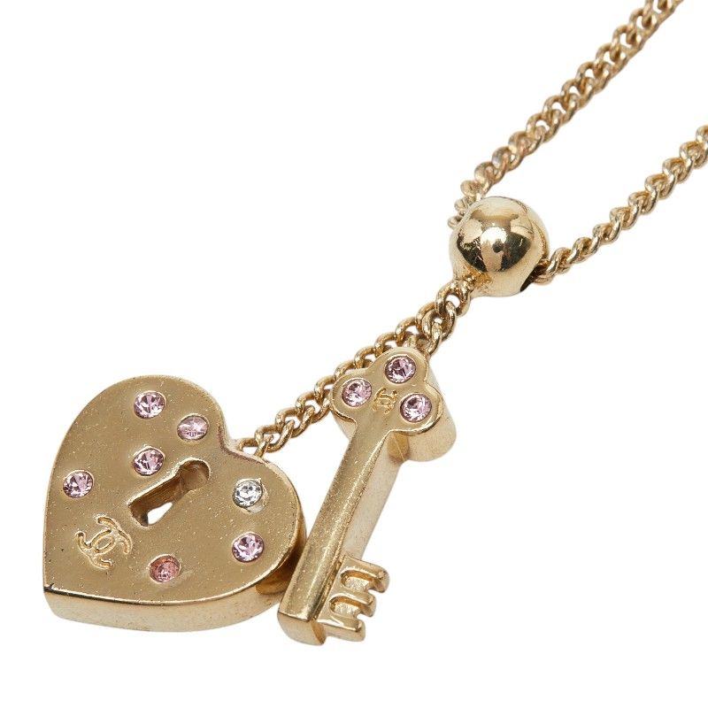 Chanel CC Logo Heart Key Necklace Gold Pink Plated Rhinestone
