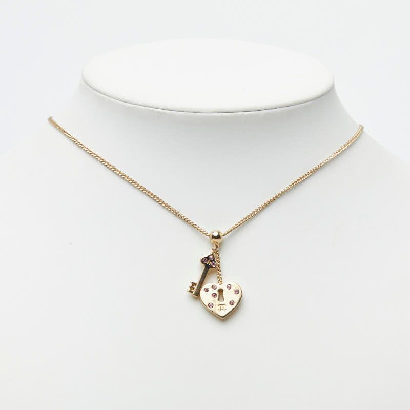 Chanel CC Logo Heart Key Necklace Gold Pink Plated Rhinestone — view 6