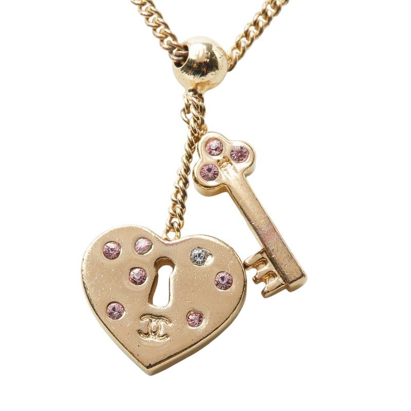 Chanel CC Logo Heart Key Necklace Gold Pink Plated Rhinestone — view 2