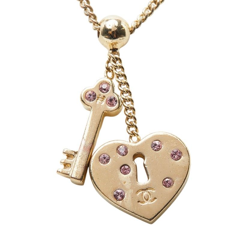 Chanel CC Logo Heart Key Necklace Gold Pink Plated Rhinestone — view 3