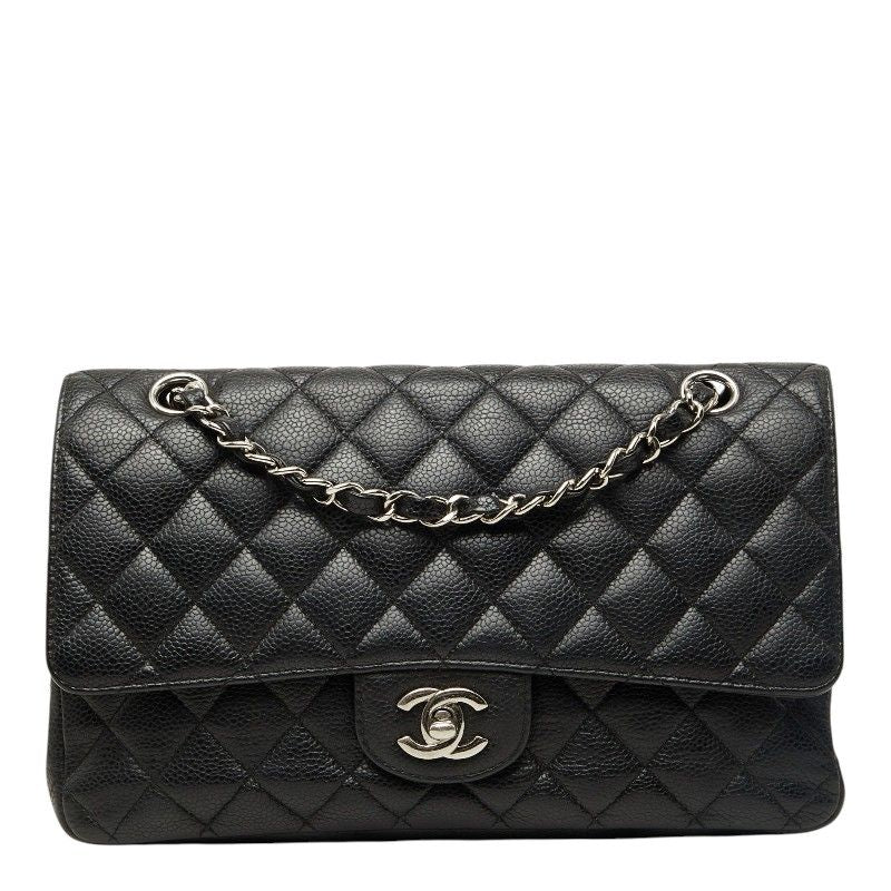 Chanel Quilted 25 CC Logo Double Flap Chain Shoulder Bag Black Silver Caviar