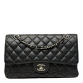 Chanel Quilted 25 CC Logo Double Flap Chain Shoulder Bag Black Silver Caviar