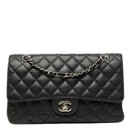 Chanel Quilted 25 CC Logo Double Flap Chain Shoulder Bag Black Silver Caviar