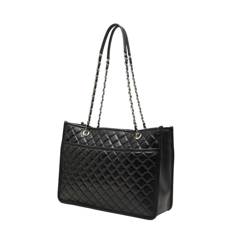 Chanel Quilted CC Logo Chain Tote Bag Shoulder Black Silver Leather — view 2